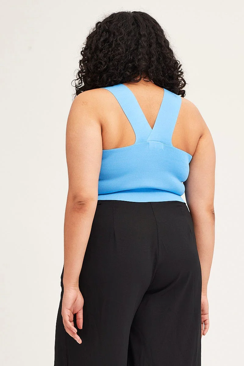 Blue Square Neck Sleeveless Crop Knit Top - Image 5