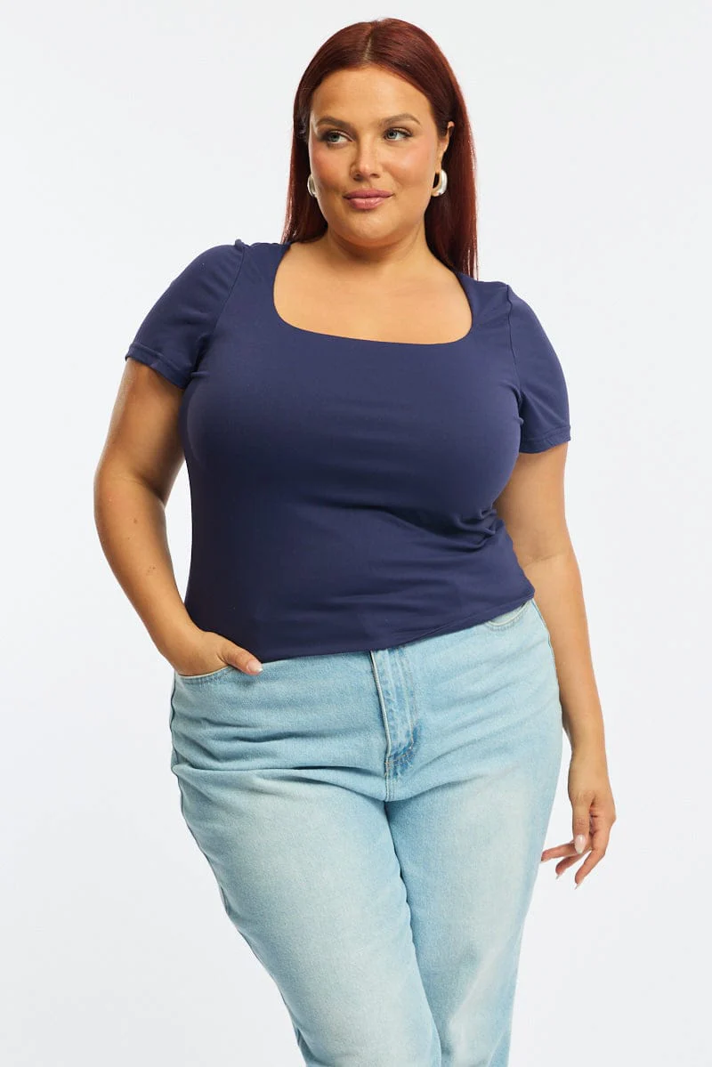 Blue Square Neck Top Short Sleeve Double Layered