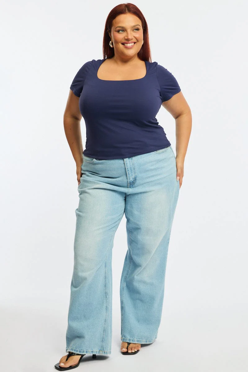 Blue Square Neck Top Short Sleeve Double Layered - Image 2