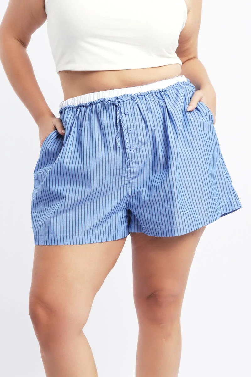 Blue Stripe Contrast Waistband Pocket Cotton Shorts - Image 2