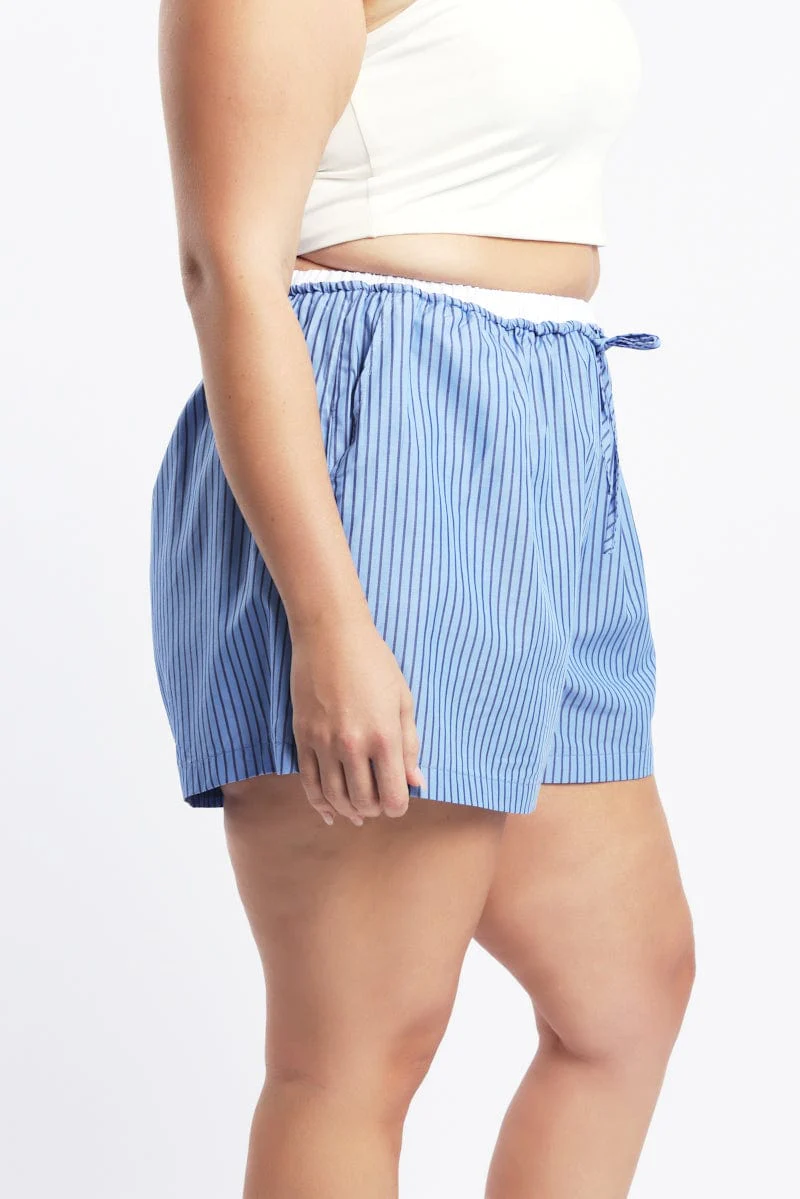 Blue Stripe Contrast Waistband Pocket Cotton Shorts - Image 3