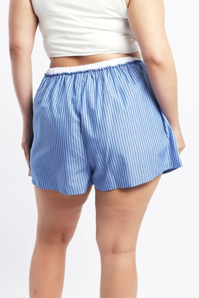 Blue Stripe Contrast Waistband Pocket Cotton Shorts - Image 4