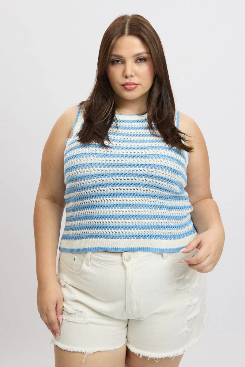 Blue Stripe Crochet Knit Vest Sleeveless - Image 3