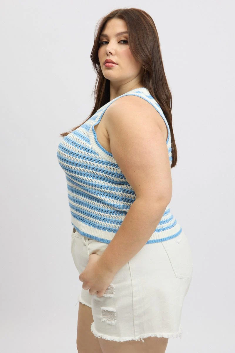 Blue Stripe Crochet Knit Vest Sleeveless - Image 4
