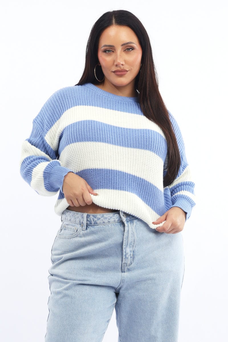 Blue Stripe Knit Jumper Long Sleeve Crew Neck
