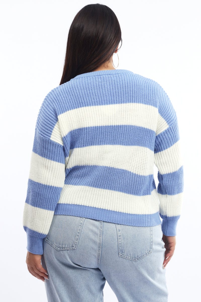 Blue Stripe Knit Jumper Long Sleeve Crew Neck - Image 4