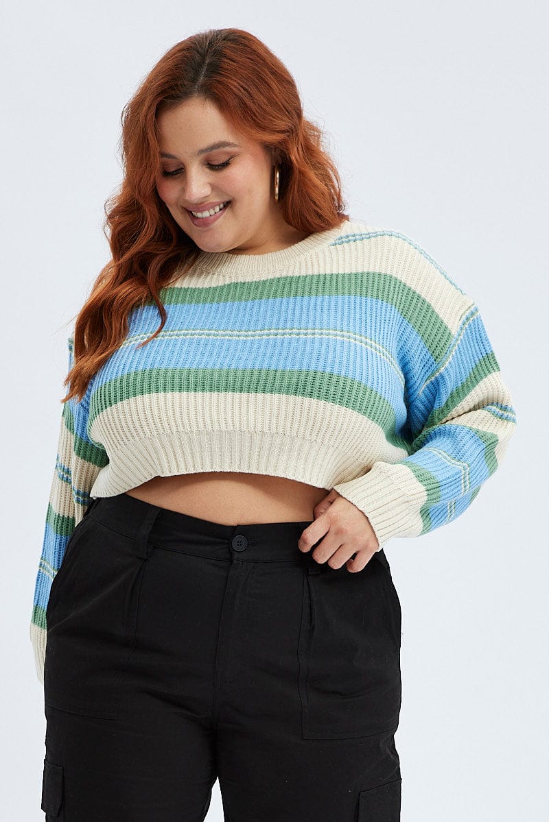 Blue Stripe Knit Jumper Long Sleeve Crop - Image 3
