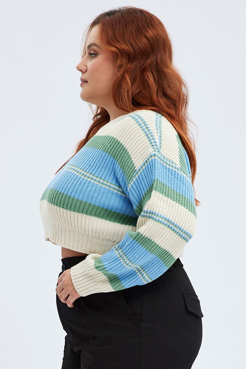 Blue Stripe Knit Jumper Long Sleeve Crop - Image 4