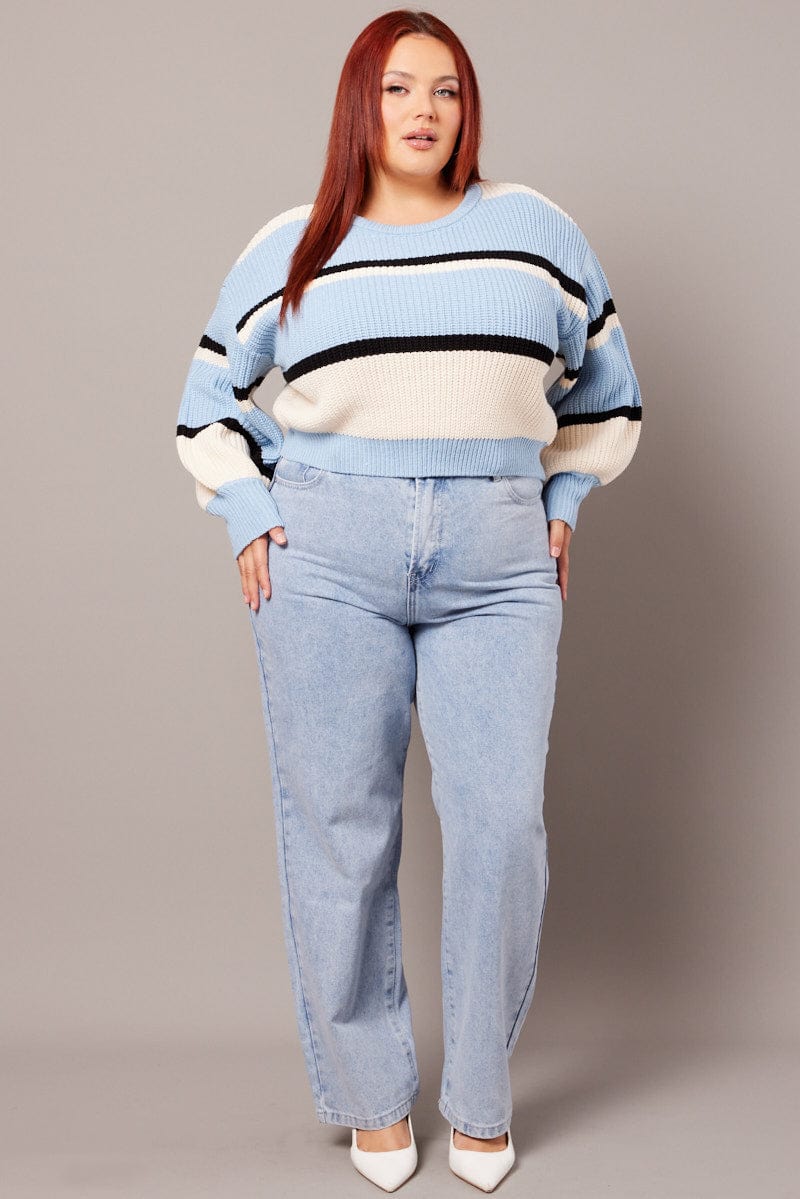 Blue Stripe Knit Jumper Long Sleeve Round Neck - Image 2