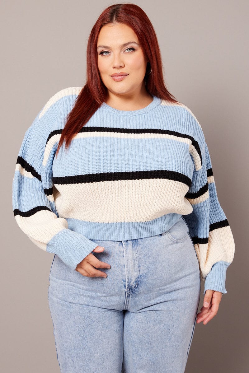 Blue Stripe Knit Jumper Long Sleeve Round Neck - Image 3