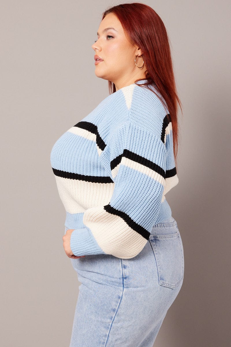 Blue Stripe Knit Jumper Long Sleeve Round Neck - Image 4