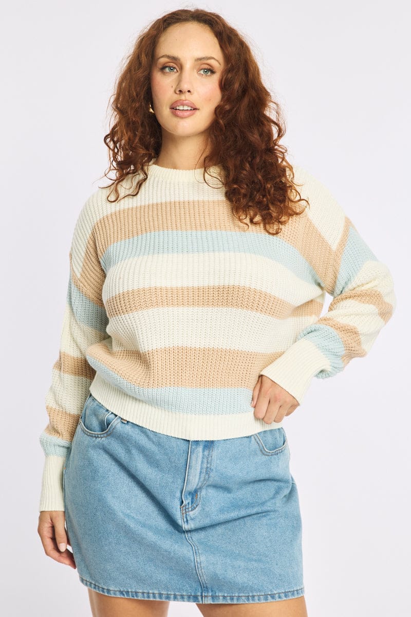 Blue Stripe Knit Jumper Long Sleeve Round Neck