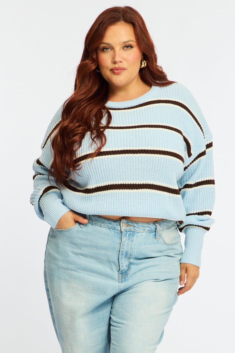 Blue Stripe Knit Top Long Sleeve Color Block - Image 3