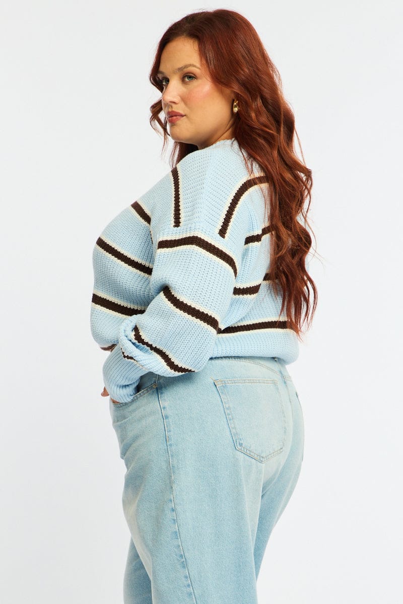 Blue Stripe Knit Top Long Sleeve Color Block - Image 4
