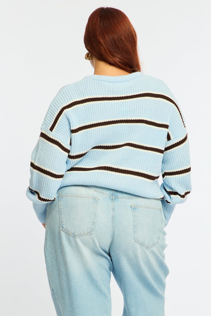 Blue Stripe Knit Top Long Sleeve Color Block - Image 5