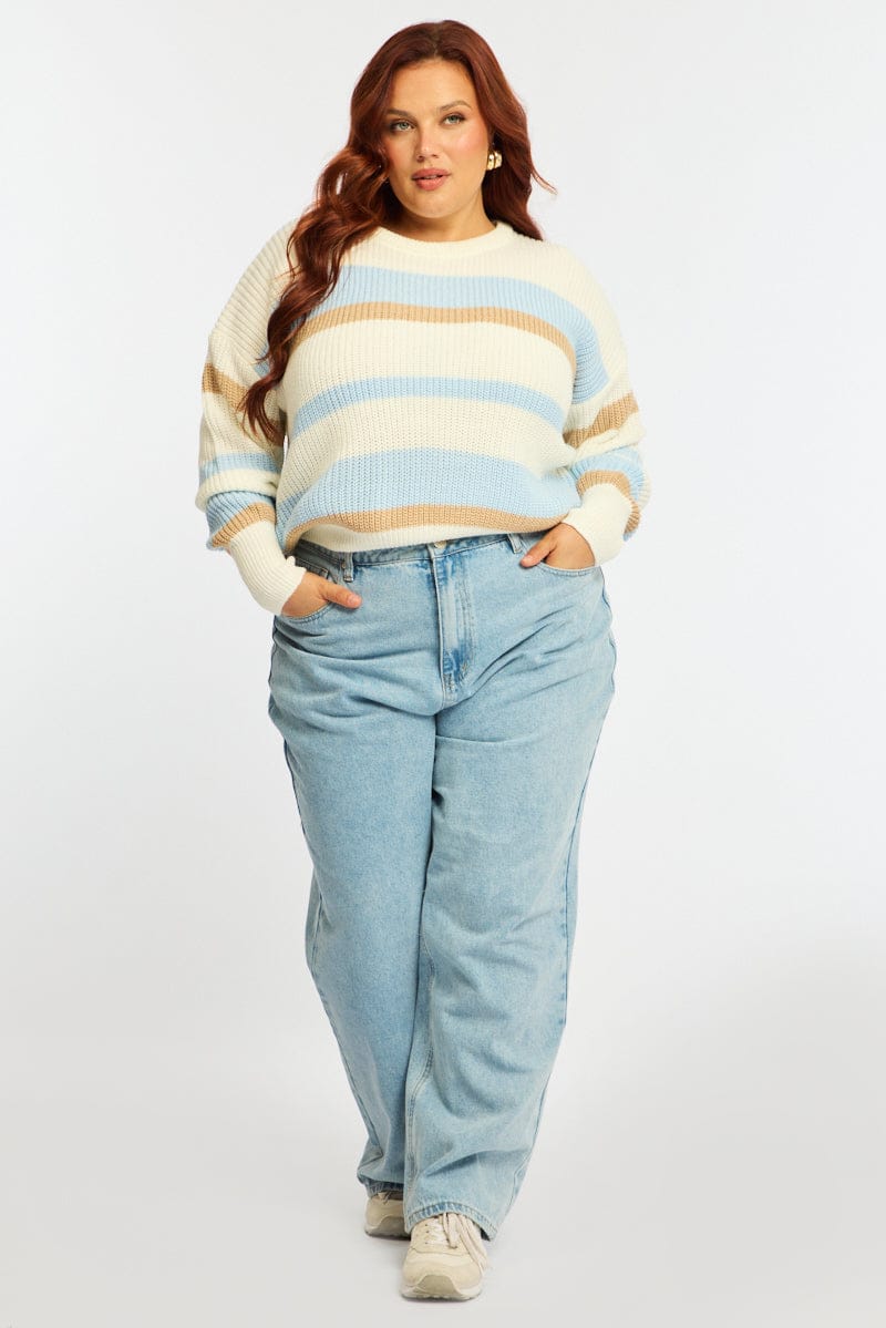 Blue Stripe Knit Top Long Sleeve Color Block - Image 2