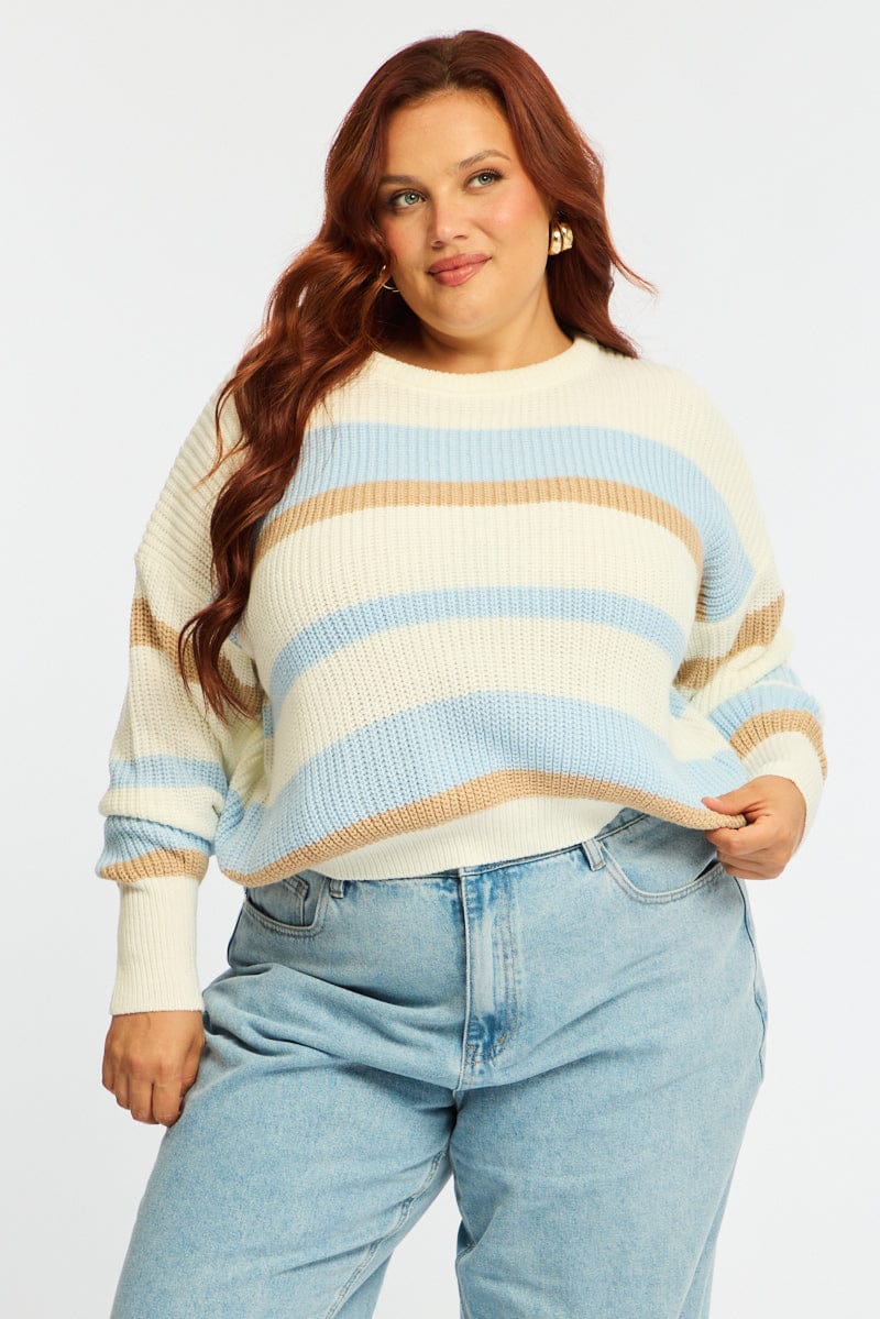 Blue Stripe Knit Top Long Sleeve Color Block - Image 3