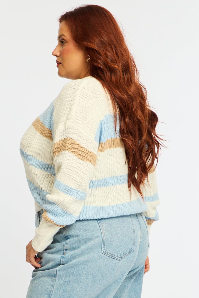 Blue Stripe Knit Top Long Sleeve Color Block - Image 4
