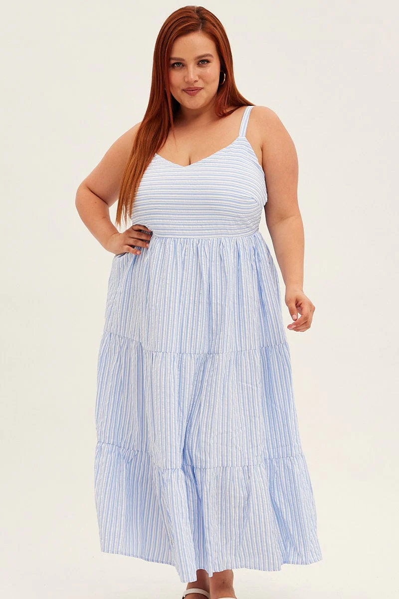Blue Stripe Maxi Dress Sleeveless V-neck Tiered - Image 2