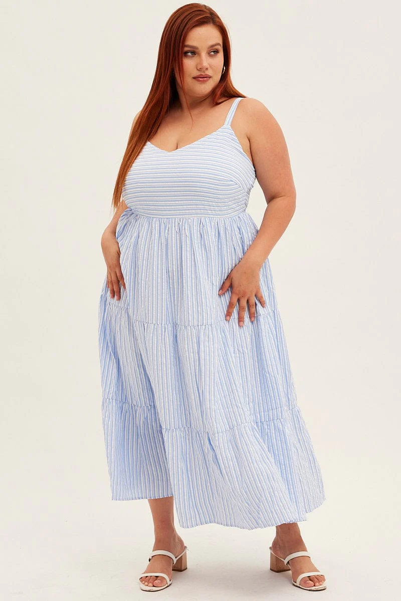 Blue Stripe Maxi Dress Sleeveless V-neck Tiered - Image 3
