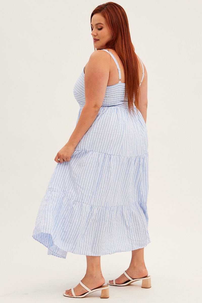 Blue Stripe Maxi Dress Sleeveless V-neck Tiered - Image 4