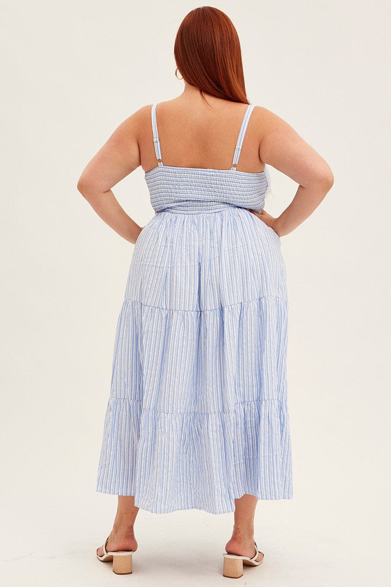 Blue Stripe Maxi Dress Sleeveless V-neck Tiered - Image 5