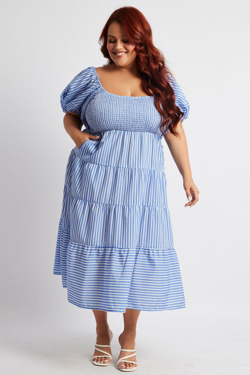 Blue Stripe Midi Dress Short Sleeve Shirred - Image 2