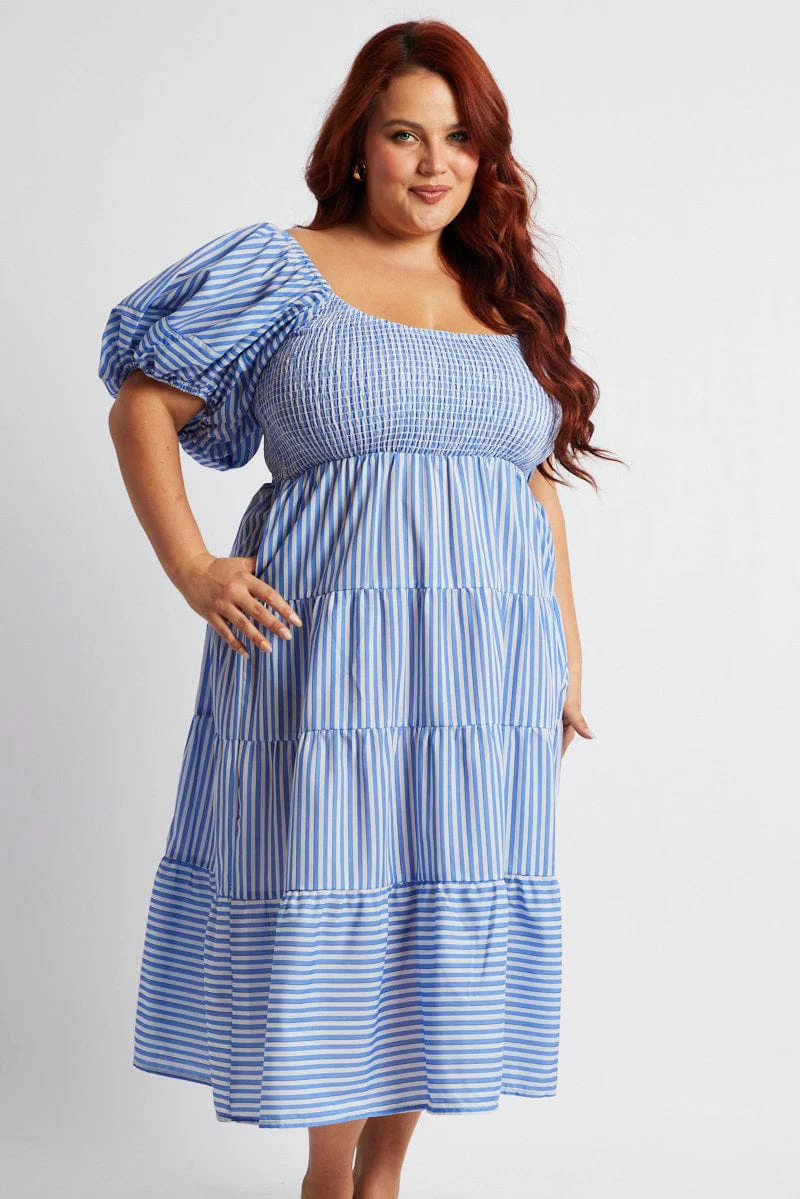 Blue Stripe Midi Dress Short Sleeve Shirred - Image 3
