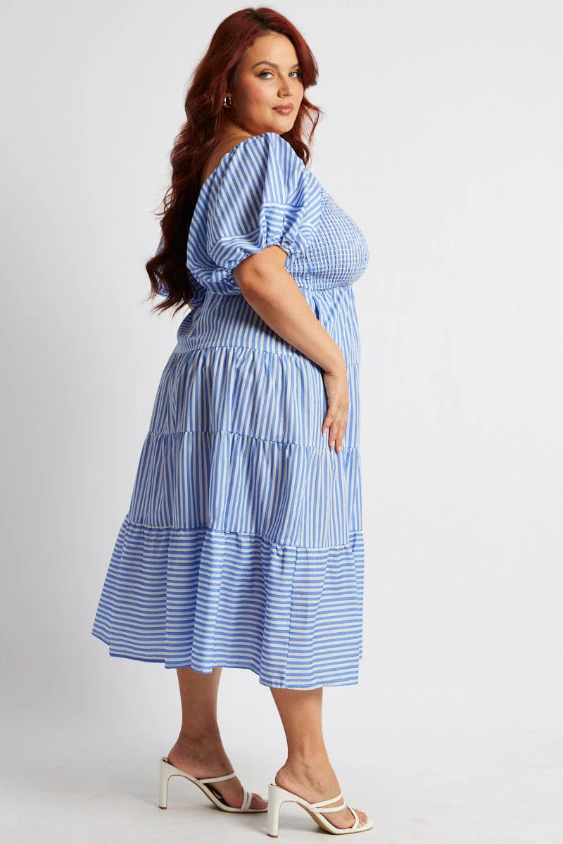 Blue Stripe Midi Dress Short Sleeve Shirred - Image 4