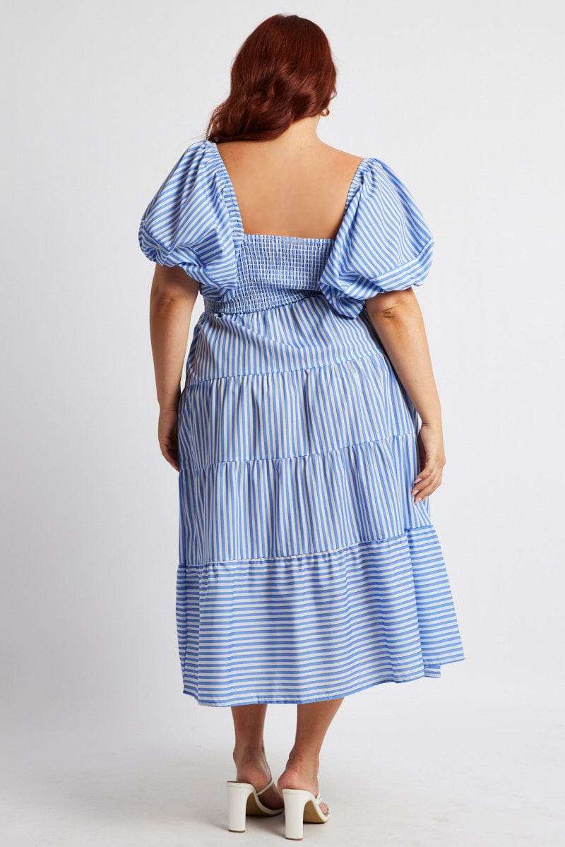 Blue Stripe Midi Dress Short Sleeve Shirred - Image 5