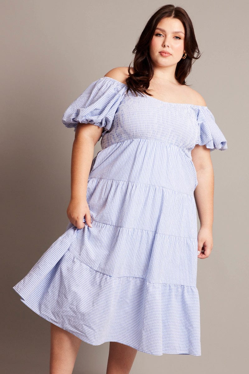 Blue Stripe Midi Dress Short Sleeve Tiered - Image 3