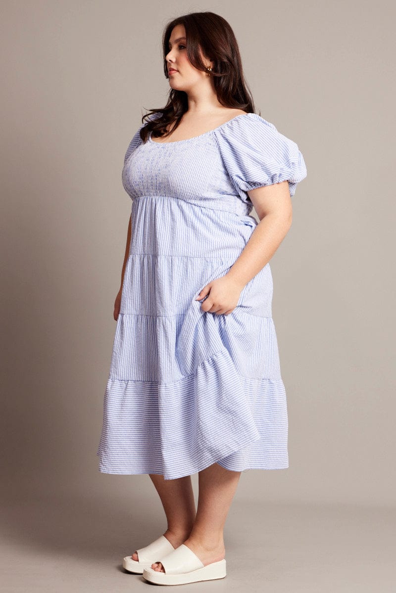 Blue Stripe Midi Dress Short Sleeve Tiered - Image 4