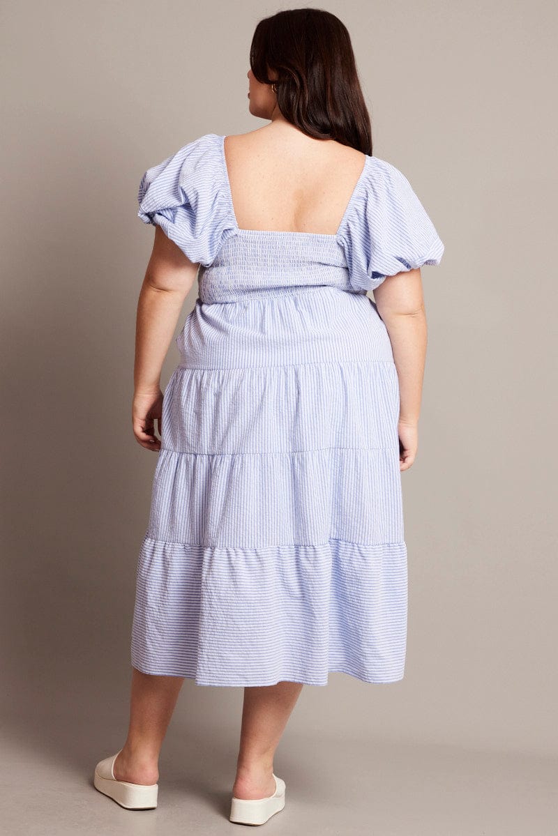 Blue Stripe Midi Dress Short Sleeve Tiered - Image 5
