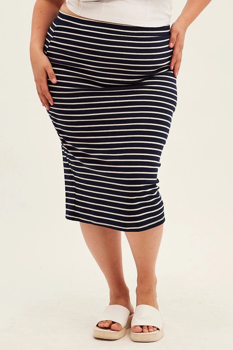 Blue Stripe Midi Skirt High Waist - Image 2