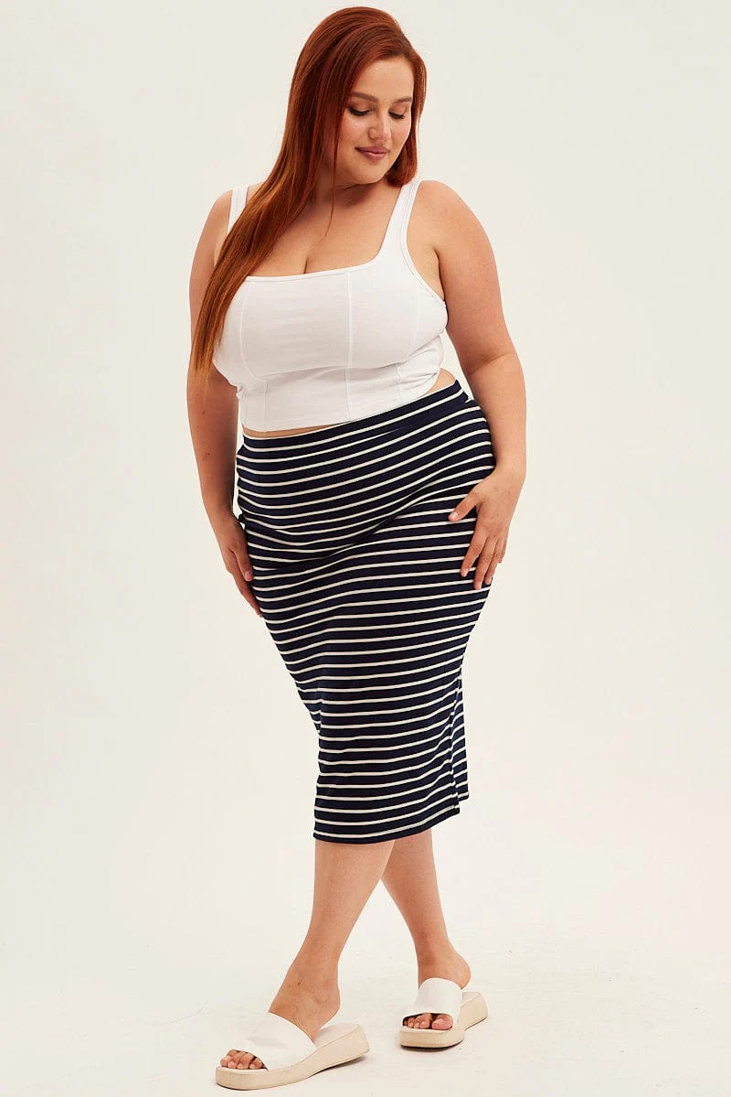 Blue Stripe Midi Skirt High Waist - Image 3