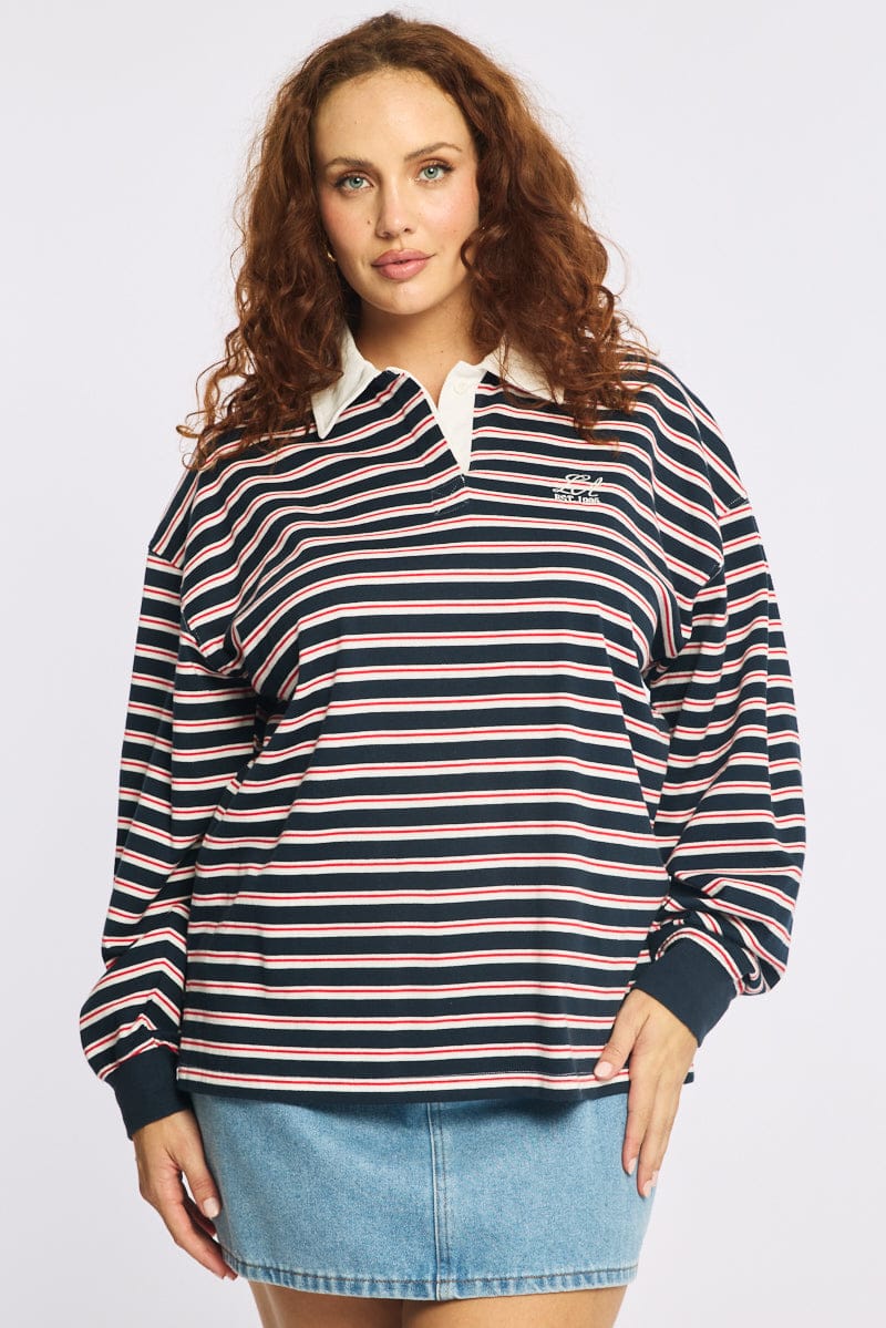Blue Stripe Polo Top Long Sleeve