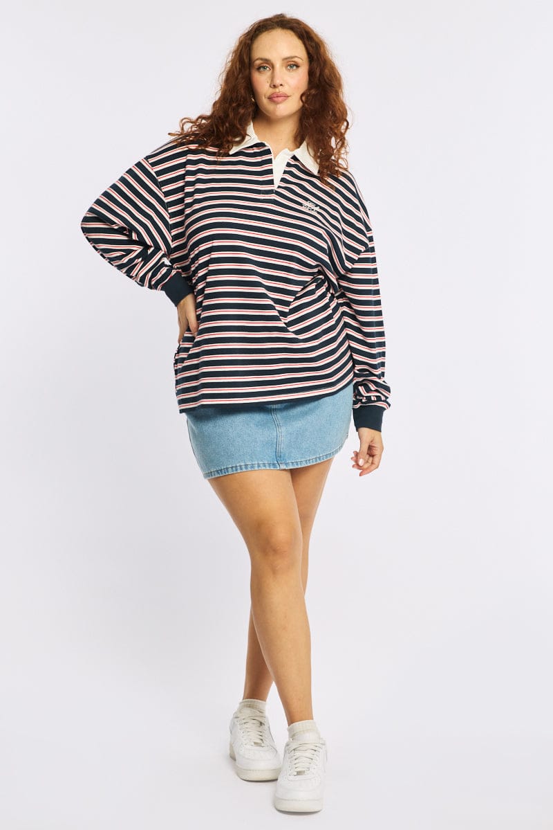 Blue Stripe Polo Top Long Sleeve - Image 2