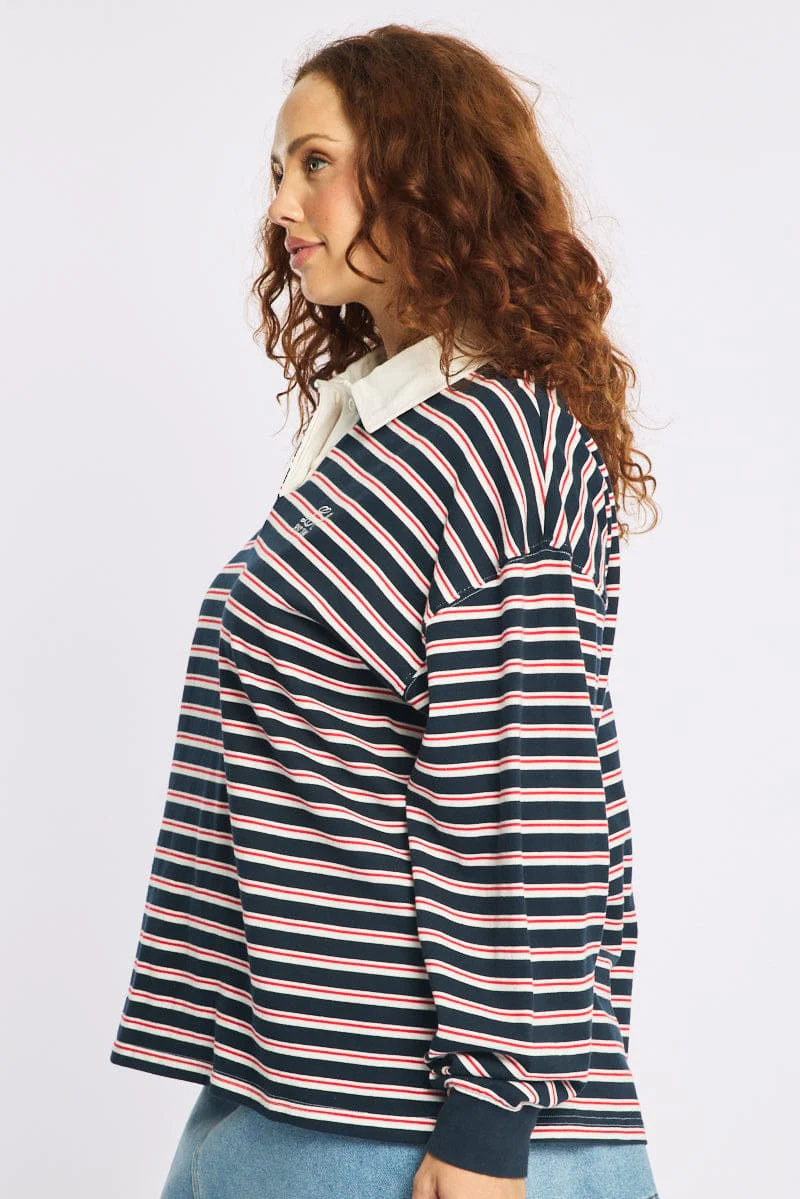 Blue Stripe Polo Top Long Sleeve - Image 3