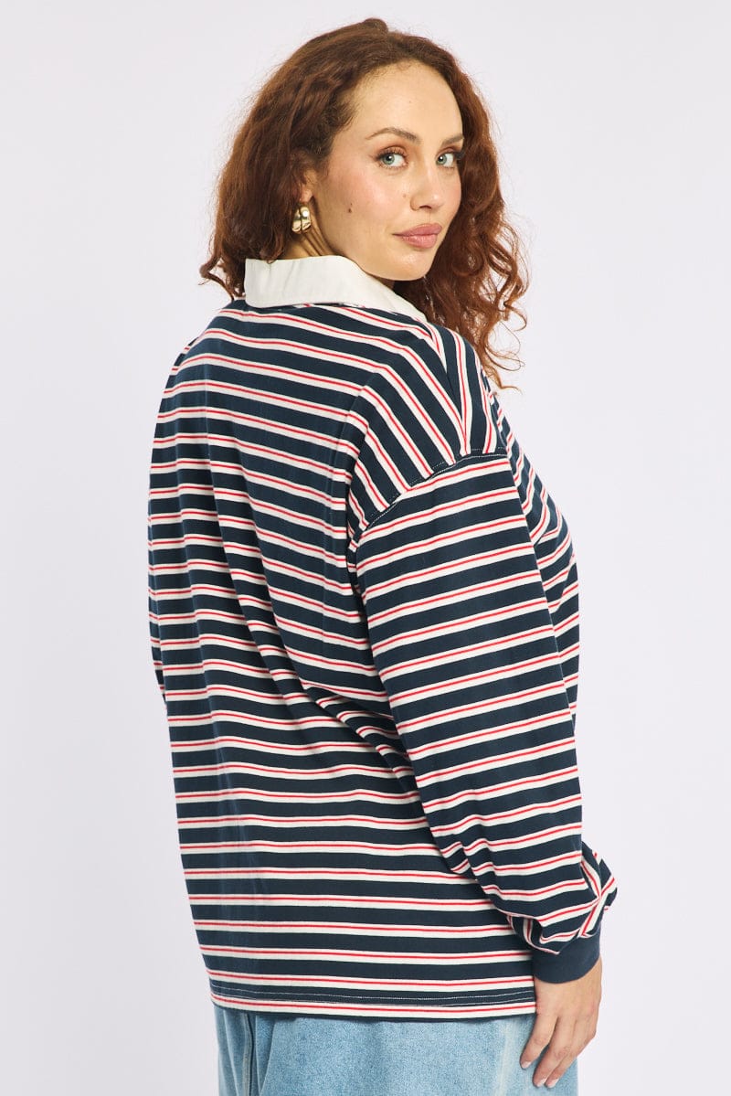 Blue Stripe Polo Top Long Sleeve - Image 4