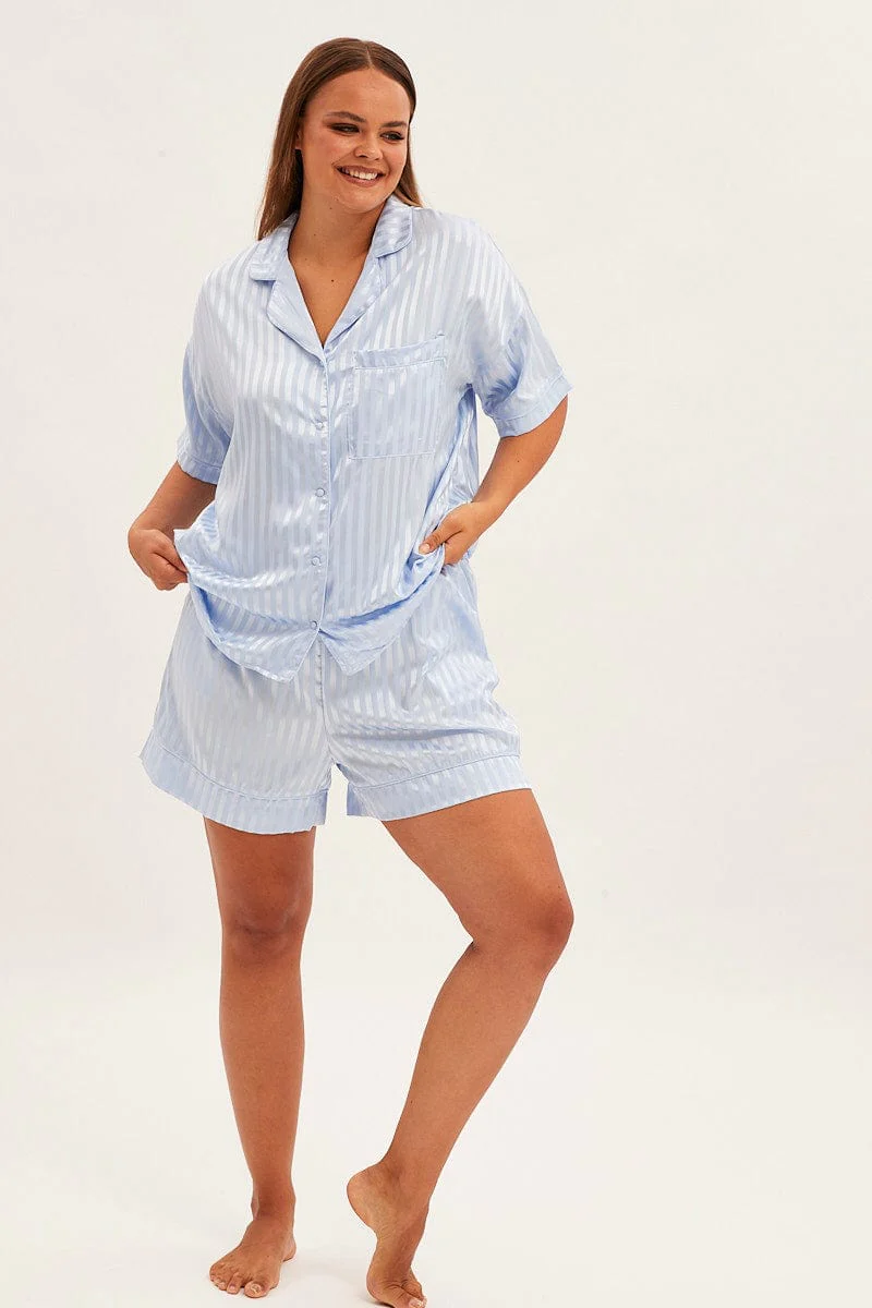 Blue Stripe Pyjamas Set Short Sleeve Collared Shorts Satin - Image 2
