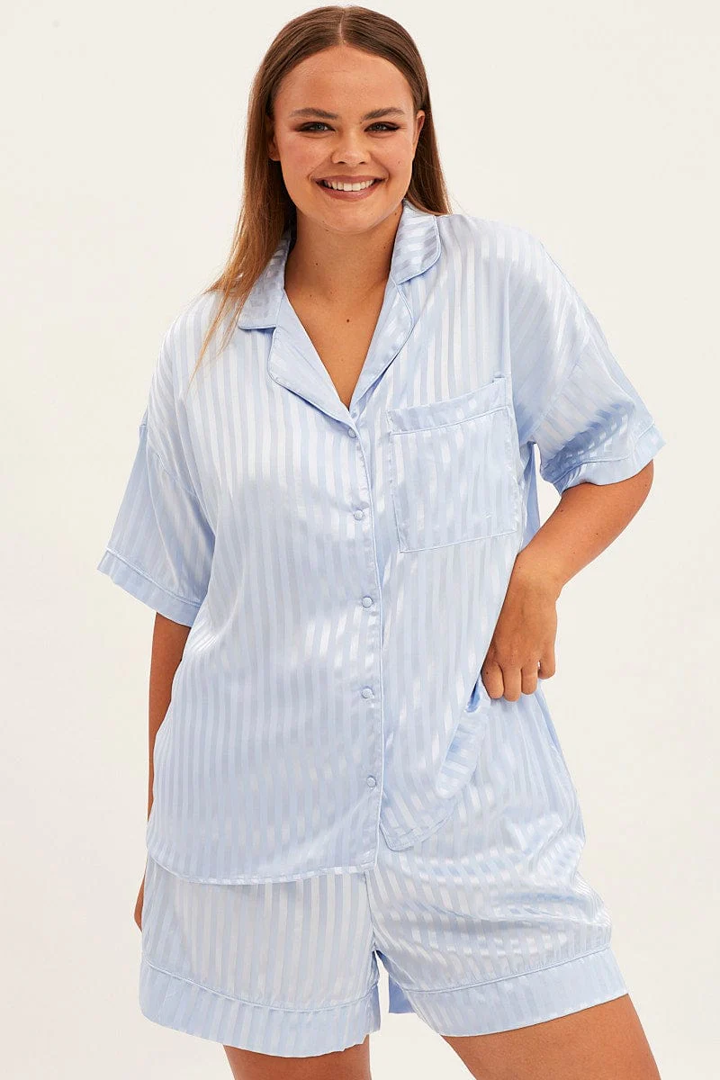 Blue Stripe Pyjamas Set Short Sleeve Collared Shorts Satin - Image 3