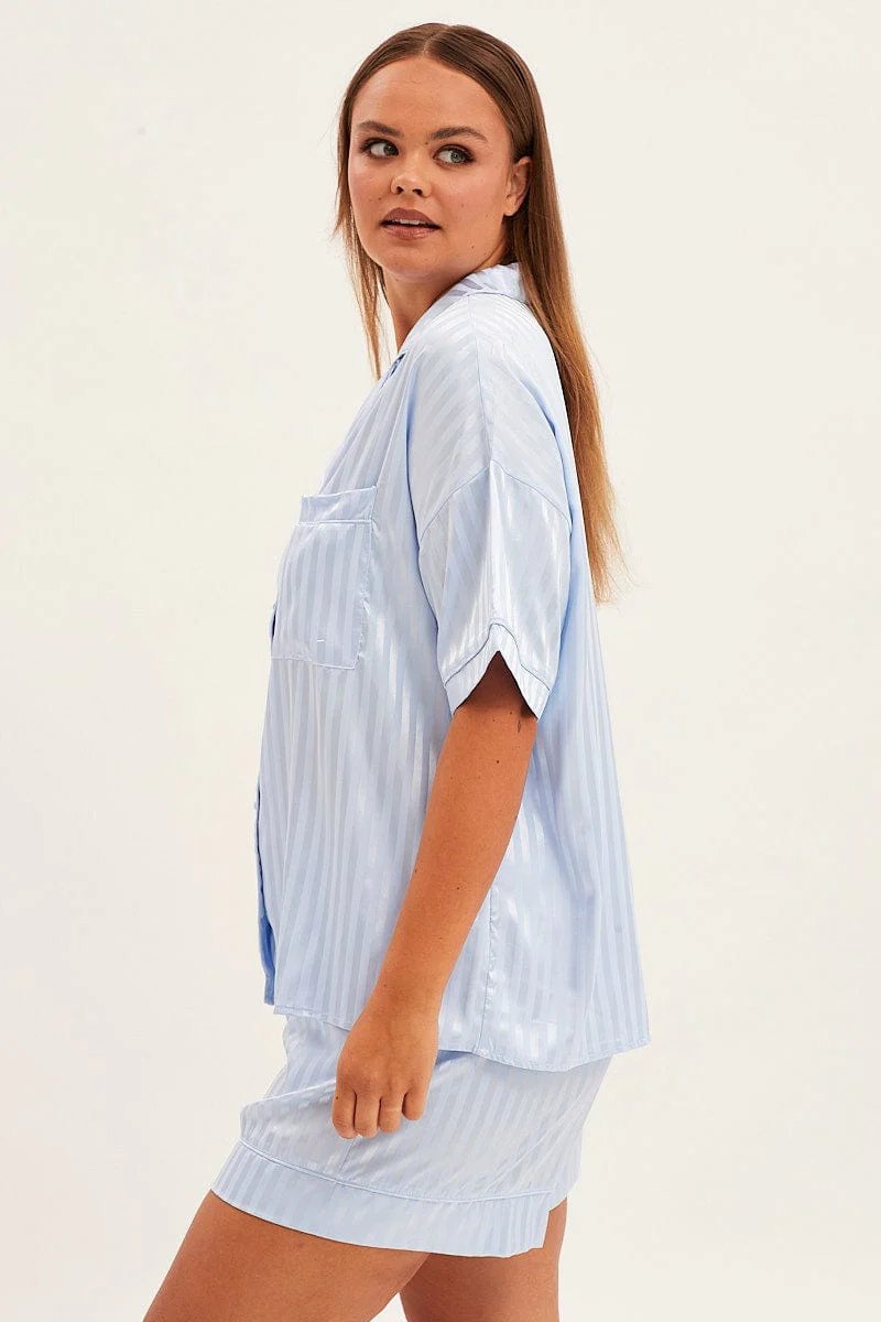 Blue Stripe Pyjamas Set Short Sleeve Collared Shorts Satin - Image 4