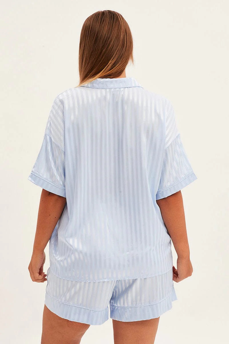 Blue Stripe Pyjamas Set Short Sleeve Collared Shorts Satin - Image 5
