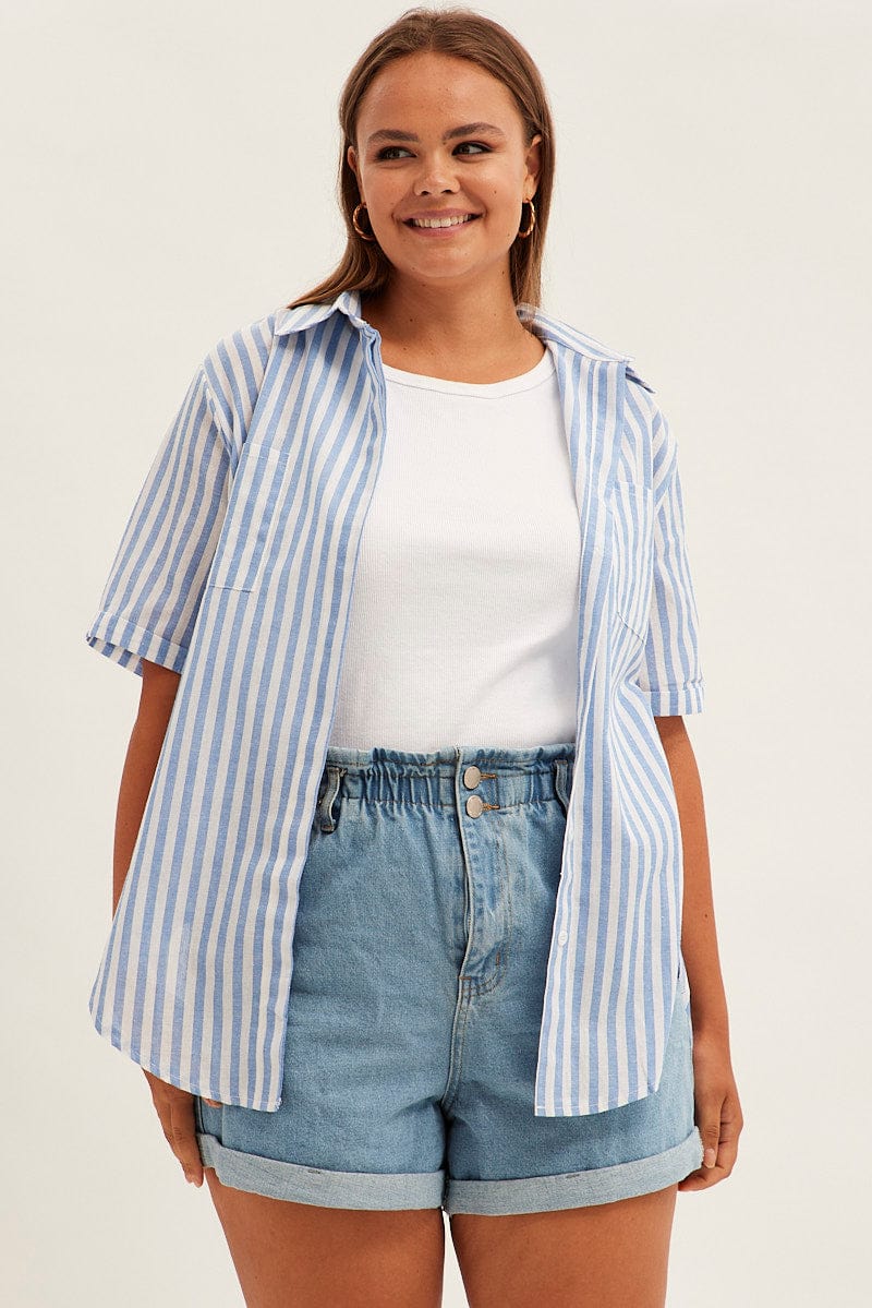 Blue Stripe Relaxed Shirt Short Sleeve Button Up - Image 3