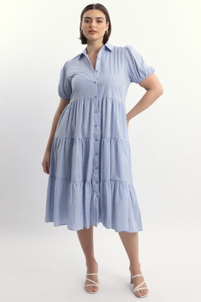 Blue Stripe Shirt Dress Short Sleeve Tiered
