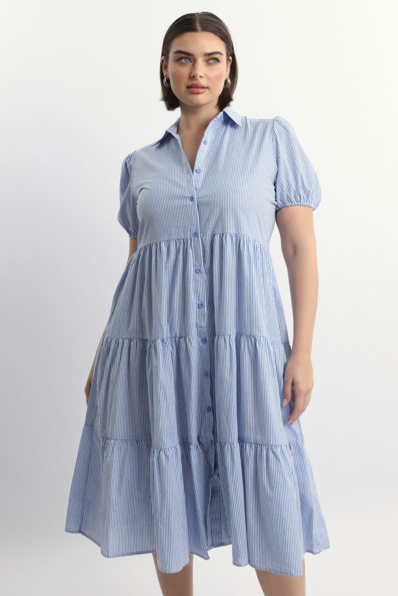 Blue Stripe Shirt Dress Short Sleeve Tiered - Image 2