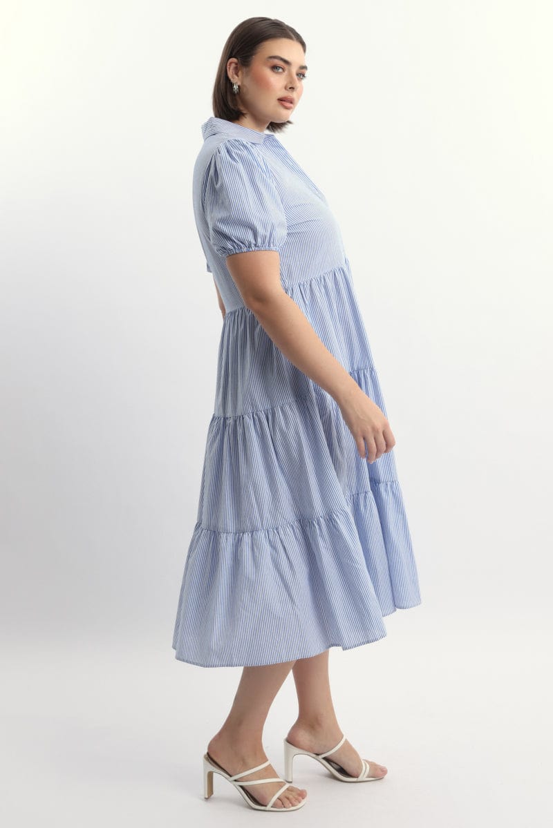 Blue Stripe Shirt Dress Short Sleeve Tiered - Image 3