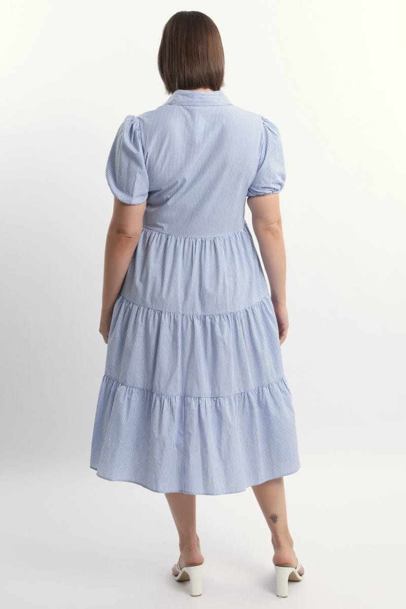 Blue Stripe Shirt Dress Short Sleeve Tiered - Image 4