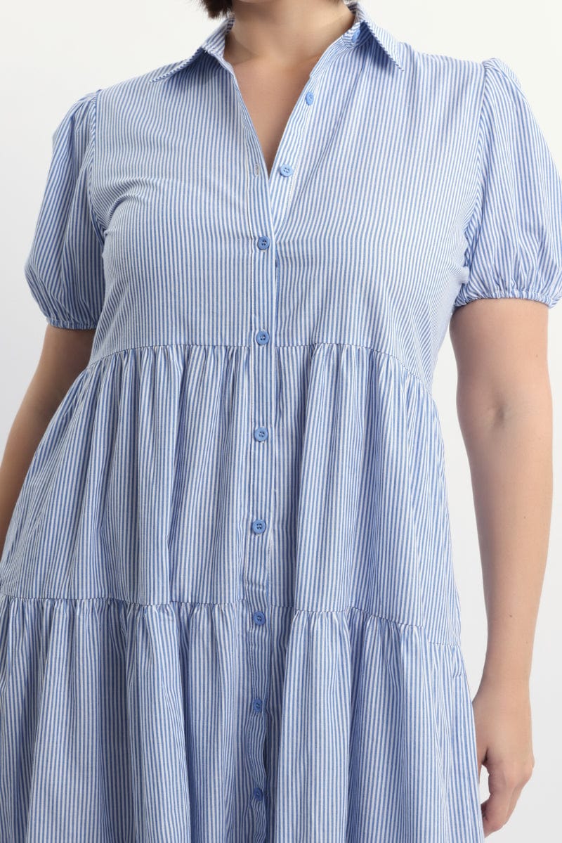 Blue Stripe Shirt Dress Short Sleeve Tiered - Image 5