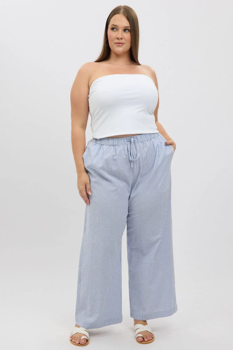 Blue Stripe Stripe Elastic Waist Wide Leg Pants - Image 2